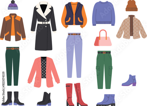 Collection of stylish winter and autumn clothing items including coats, jackets, pants, boots, and accessories, flat vector illustration isolated on white background.