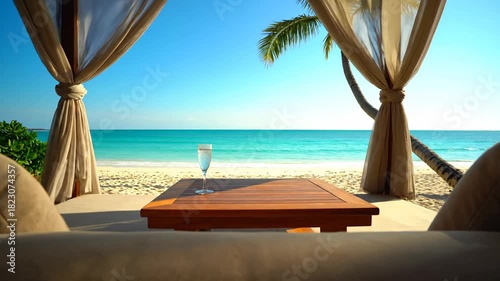 Luxury Beach Cabana With Ocean View And Champagne Glass On Wooden Table Tropical Paradise Holiday Relaxation Serene Setting Bright Sunlight