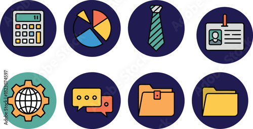 Colorful business and office icon set vector illustration featuring calculator chart tie id card and folders isolated on white background