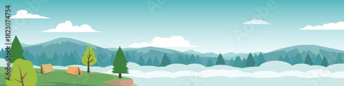 Horizontal of tent site on a hillside with trees. Landscape shrouded in dense fog covers the forest. Background of pine forest and tall mountains. And blue sky with white clodus. for travel banner.