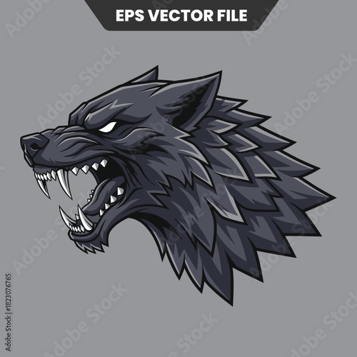 Ferocious wolf head illustration with sharp teeth and angry expression.