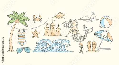 Doodle-style beach themed icons. Includes palm tree, mermaid, sandcastle, wave, beachball, parasol, and more. Light, cheerful, and summery feel.