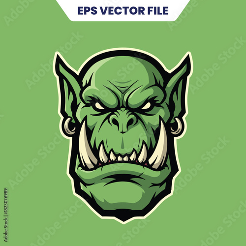Fierce Green Orc Warrior Head with Tusks and Piercings.