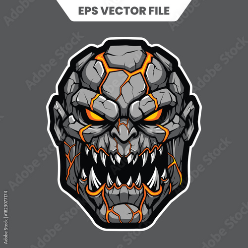 Fierce Stone Golem Head with Glowing Lava Cracks and Sharp Teeth.