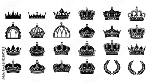 A collection of twenty-four black and white silhouette style illustrations depicting various regal crowns and laurel wreaths, arranged in rows on a white background.