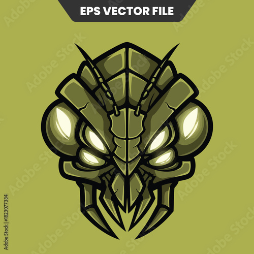 Intense Praying Mantis Head Mascot with Glowing Eyes and Sharp Mandibles.