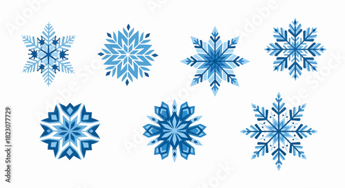 A collection of seven stylized snowflakes, each with a unique geometric design. Shades of blue and white give a wintry, frosty feeling.