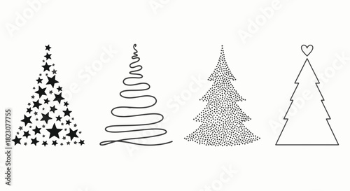 Four graphic Christmas trees in a row. Each has a unique design: stars, swirl, dots, and outline with a heart. Simple black and white.