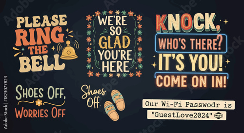 A collection of decorative signs with welcoming messages like Please Ring the Bell, Shoes Off, Worries Off, and Wi-Fi information, set against a dark background.