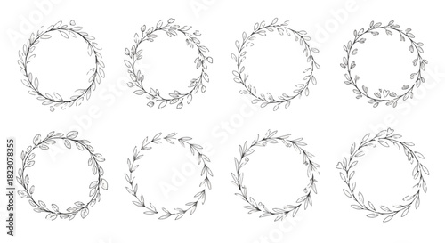 A collection of eight delicate circular wreaths made of leaves and small buds, rendered in a simple, elegant black and white line art style.