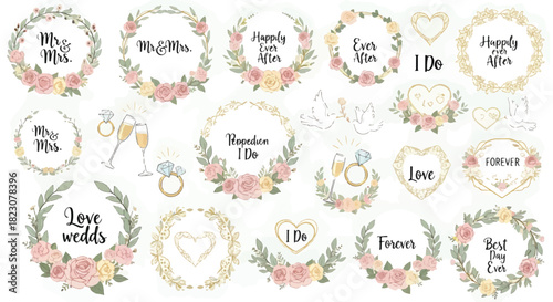 A collection of illustrated wedding-themed wreaths and icons including text such as Mr. & Mrs., Happily Ever After, and I Do, with roses, leaves, rings, and doves.