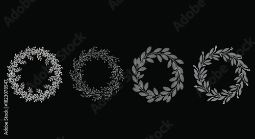 Four wreaths with differing leaf and berry designs arranged in a row, rendered in shades of gray against a solid black background.