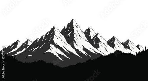 Monochrome landscape featuring majestic mountains with snow-capped peaks behind a forest, rendered in a stylized, possibly vector illustration.