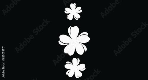 Three white floral shapes (similar to cherry blossoms) arranged vertically on a black background, varying in size. Simple, minimalist design.