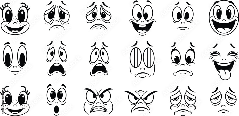 Naklejka premium Set of Various Cartoon Faces with Different Facial Expressions in Black and White