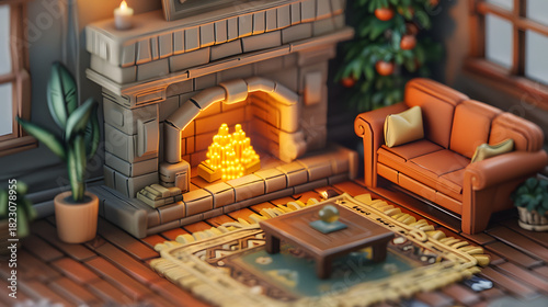 Fototapeta Naklejka Na Ścianę i Meble -  3d isometric low-poly clay fireplace room cozy