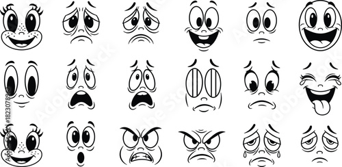 Set of Various Cartoon Faces with Different Facial Expressions in Black and White