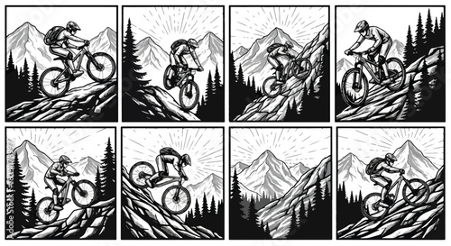 Monochrome illustration shows a mountain biker riding down a rugged trail in sequential panels. The scene features mountains, trees, and rock formations.