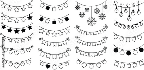 Collection of festive and decorative banner elements including stars, hearts, flags, snowflakes, and lights for various celebrations