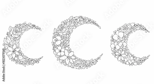 Three crescent moons formed by detailed floral arrangements, in black and white line art. The flowers include roses, lilies, and assorted greenery.