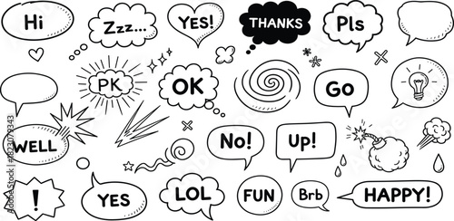 Collection of Hand-drawn Speech Bubbles and Text Elements for Communication and Expression
