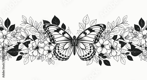 Monochrome vector illustration of a butterfly surrounded by floral elements, including leaves and flowers. Detailed line art style against a white background.