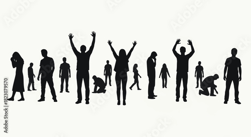 Silhouette figures standing, kneeling, and raising hands. Variety of poses, appearing isolated and dispersed.