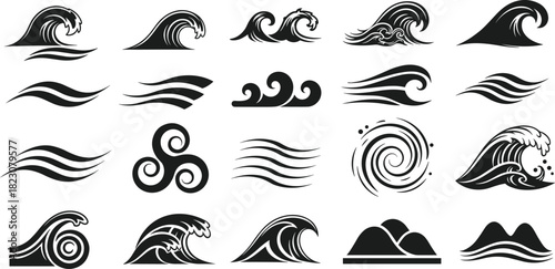 Diverse collection of black and white vector wave designs, featuring a variety of ocean and water elements for graphic illustration projects and modern visual concepts