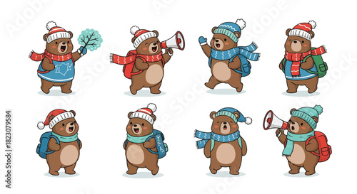 Cute cartoon bears wearing winter hats and scarves. They are shown in various poses, some holding objects or wearing backpacks.