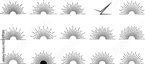 Diverse set of semi-circular sunburst graphic elements and radiant line patterns, ideal for vintage-style designs, creative projects, and decorative accents