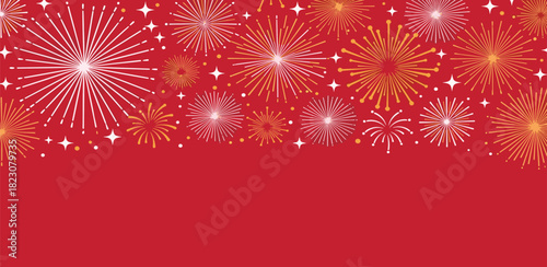 Festive Fireworks Bursting Against a Red Backdrop, Celebrating Joyous Occasions and Festivities