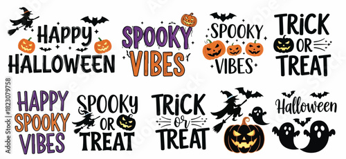 Compilation of Halloween graphics with text like Happy Halloween, Spooky Vibes, and Trick or Treat, featuring pumpkins, witches, bats, and ghosts.