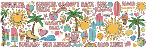 Groovy summer themed illustration with palm trees, suns, ice cream, surfboards, popsicles, roller skates and related text, in pastel retro colors.