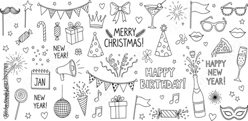 Festive Celebration Elements Party Decorations, Holiday Greetings, and Celebration Symbols in Black and White