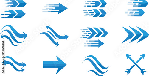 Collection of Blue Arrows and Directional Symbols for Navigation and Design Elements
