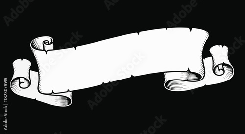 A white banner or scroll isolated on a black background. The banner has rolled edges with detailed line work, creating a vintage or classic appearance.