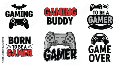 Collection of gaming-themed designs featuring phrases like Gaming Buddy, Born to be a Gamer, and Game Over, with illustrations of game controllers and a bat.