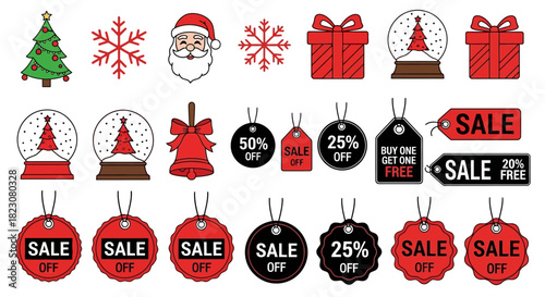  Festive Christmas Sale: A festive collection of christmas elements that includes santa claus,snow flakes and sale tags , each detail a symbol of joy and the spirit of gift-giving season.