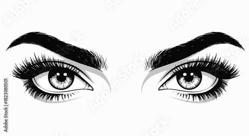 Detailed black and white vector illustration of a pair of eyes with thick eyelashes and eyebrows conveying an intense or angry expression.