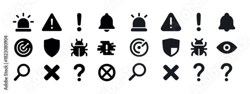 Collection of security and alert icons: alarms, shields, bugs, and symbols