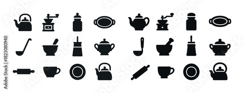 Kitchen utensils silhouette set: teapots, grinders, mortars, cups, dishes