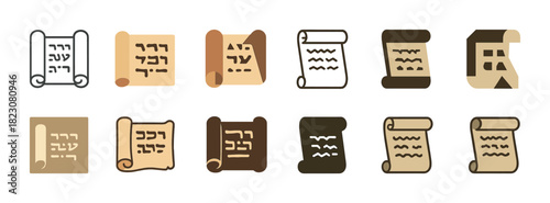 Hebrew parchment scroll icons collection in various styles and colors