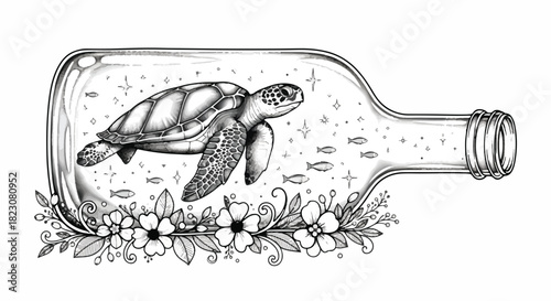 A detailed black and white illustration of a sea turtle inside a glass bottle, decorated with flowers, leaves, fish, and sparkles.