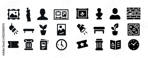 Black and white icons: art, decoration, photography, and time concepts