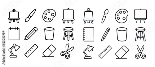 Art supplies icons set: easel, brush, palette, pencil, lamp, ruler, scissors