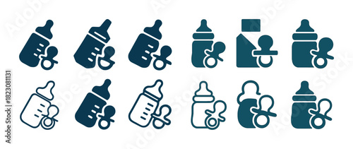 Baby bottle and pacifier icons in various designs