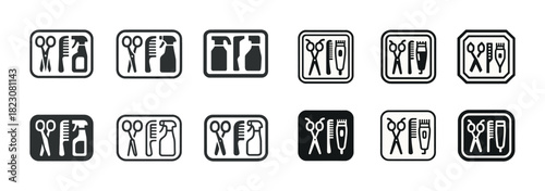 Set of twelve barber icons featuring scissors and spray bottle