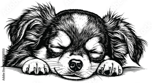 Black and white drawing of a fluffy, long-haired Chihuahua sleeping peacefully. Cute paws are visible. Detailed line work.