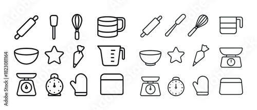 Outline icons of baking tools and equipment including rolling pins and measuring cups