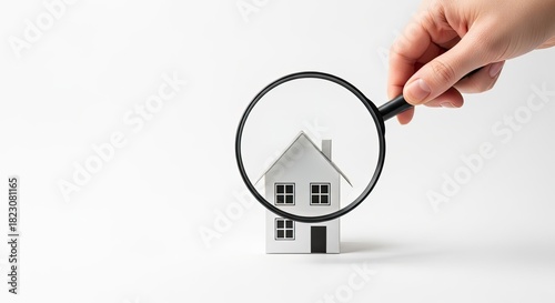 A hand holding a magnifying glass over a miniature house model on a white background.